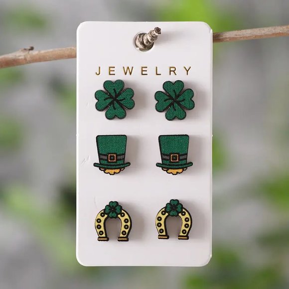Jewelry - 3 Pairs Set Of Green Hat Lucky Leaf Clover Horseshoe Design Stud Earrings Wooden
